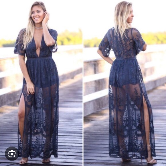 Honey Punch White Lace Deep V Maxi Dress with Shorts Small - Picture 4 of 8